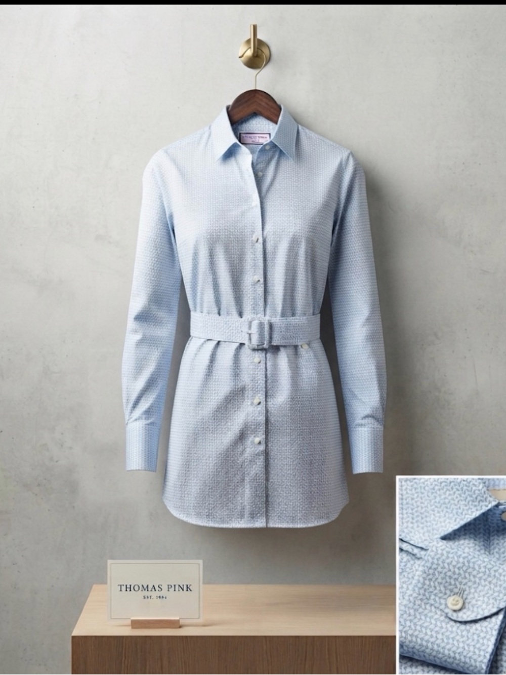 Thomas Pink Blue and White Geometric Belted Shirt